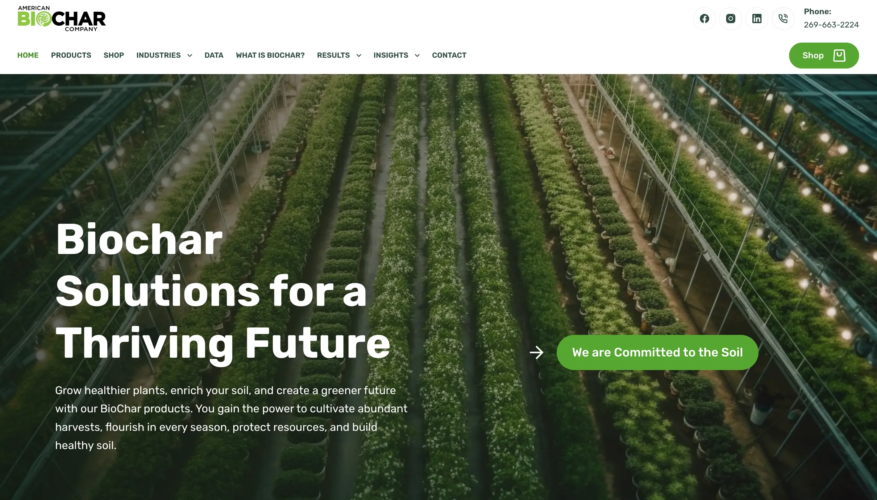 American BioChar Company homepage hero: “Biochar Solutions for a Thriving Future,” over an aerial photo of greenhouse crop rows.