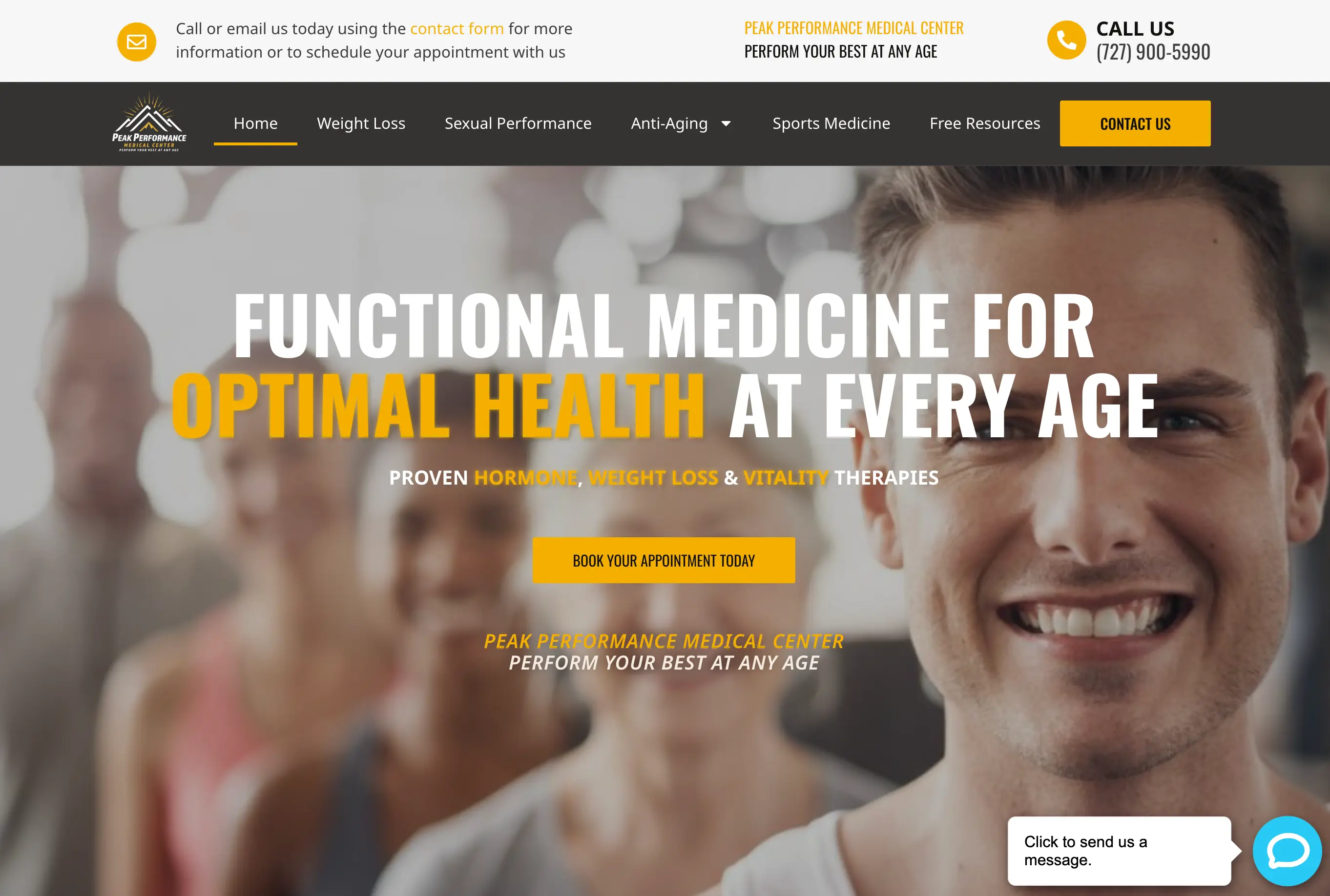 Peak Performance Medical Center homepage hero: “Functional Medicine for Optimal Health at Every Age,” with a Book Your Appointment call to action.